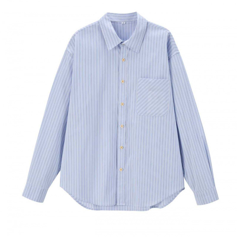 Women's Wide Striped Oversized Shirt with Chest Pocket and Rounded Hem Chichicherry