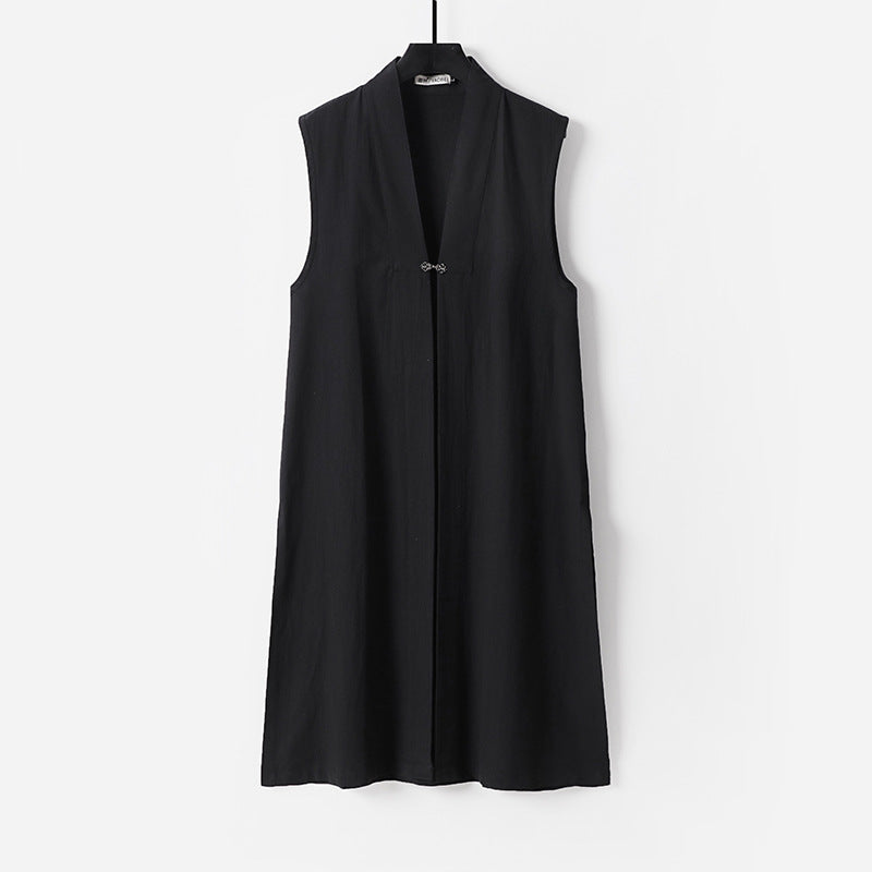 Women's sleeveless long vest with stand-up collar and decorative toggle closure Chichicherry