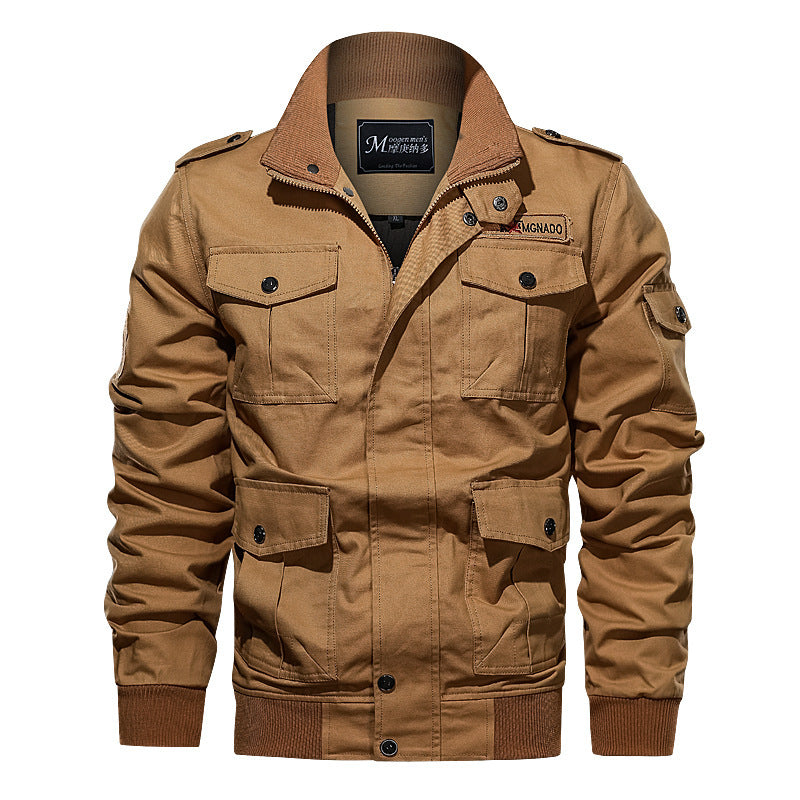 Men's Military-Inspired Canvas Field Jacket with Epaulettes, Multiple Pockets and Ribbed Hem Chichicherry