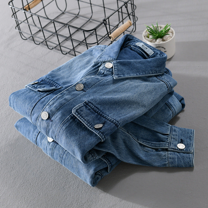 Men's Denim Utility Shirt Jacket with Chest Pockets and Casual Fit Chichicherry