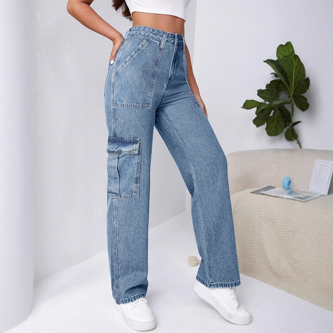 Women High-Waisted Cargo Wide Jeans with Patch Pockets and Elastic Hem Chichicherry