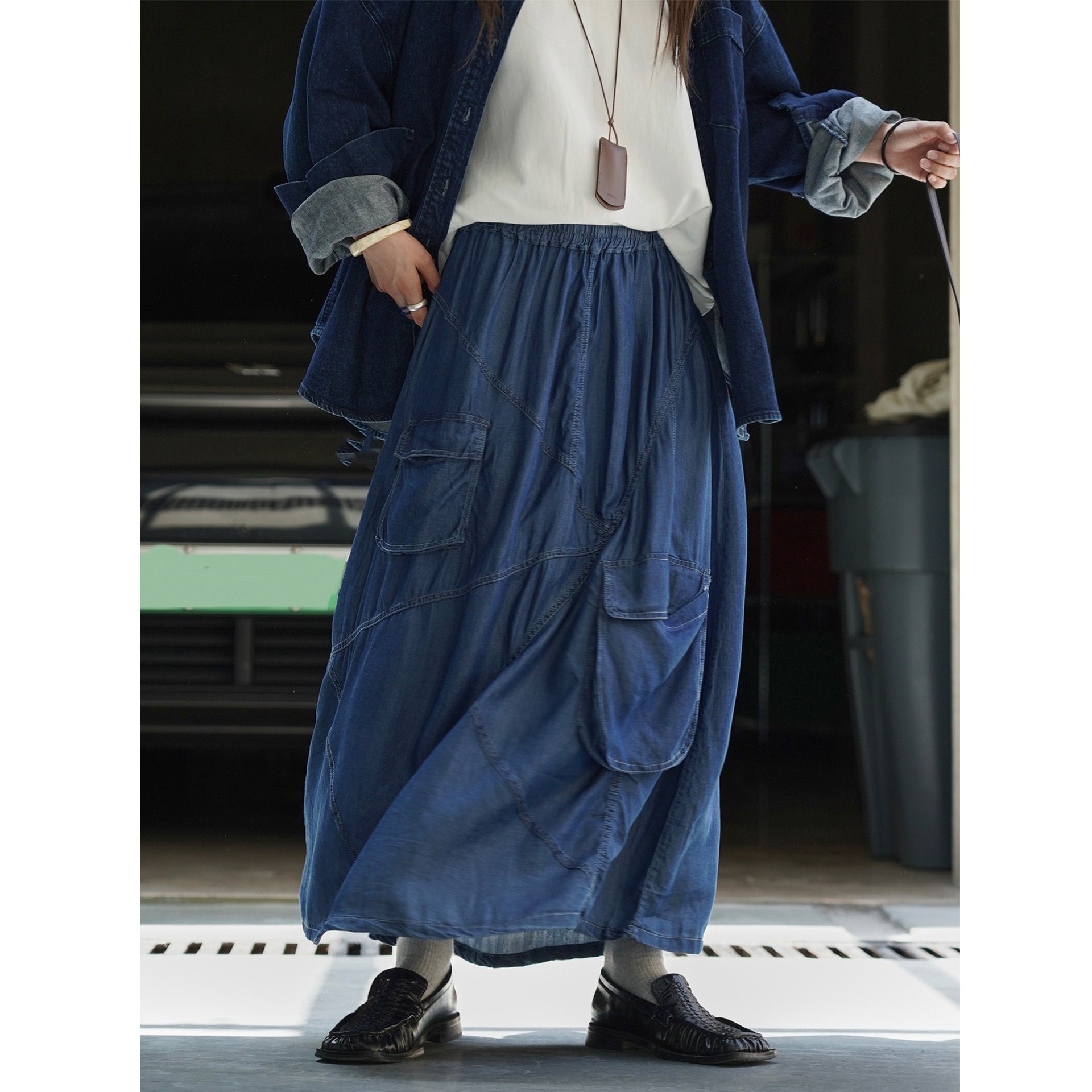 Women's Long Denim Maxi Skirt with Elastic Drawstring Waistband and Attached Cargo Pocket Chichicherry