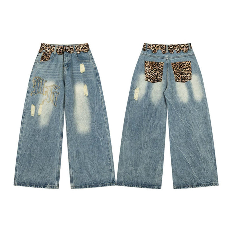 Ladies wide Palazzo jeans with destroyed details, leopard waistband and gothic embroidery Chichicherry