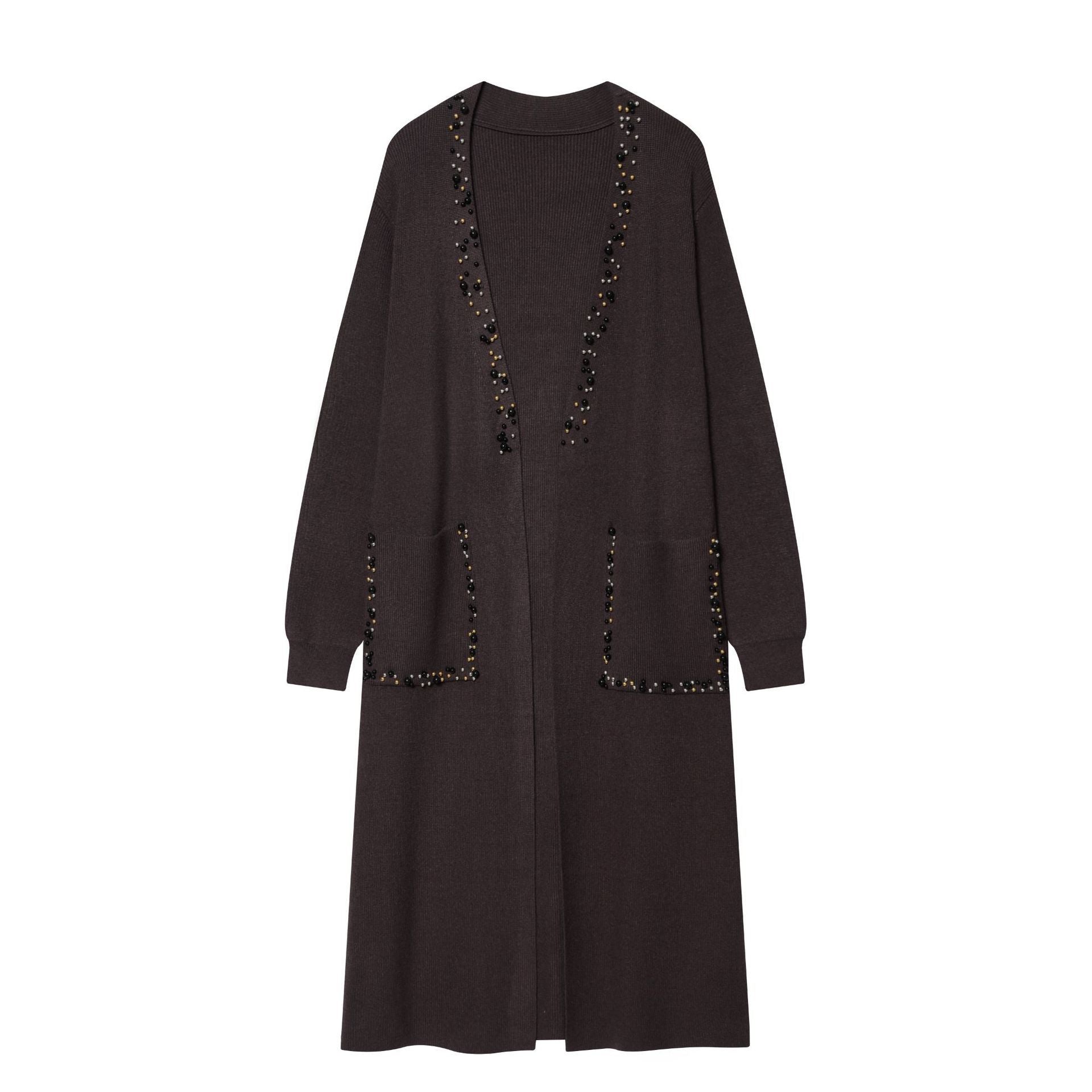 Women's long knitted cardigan with pearl trim and patch pockets Chichicherry