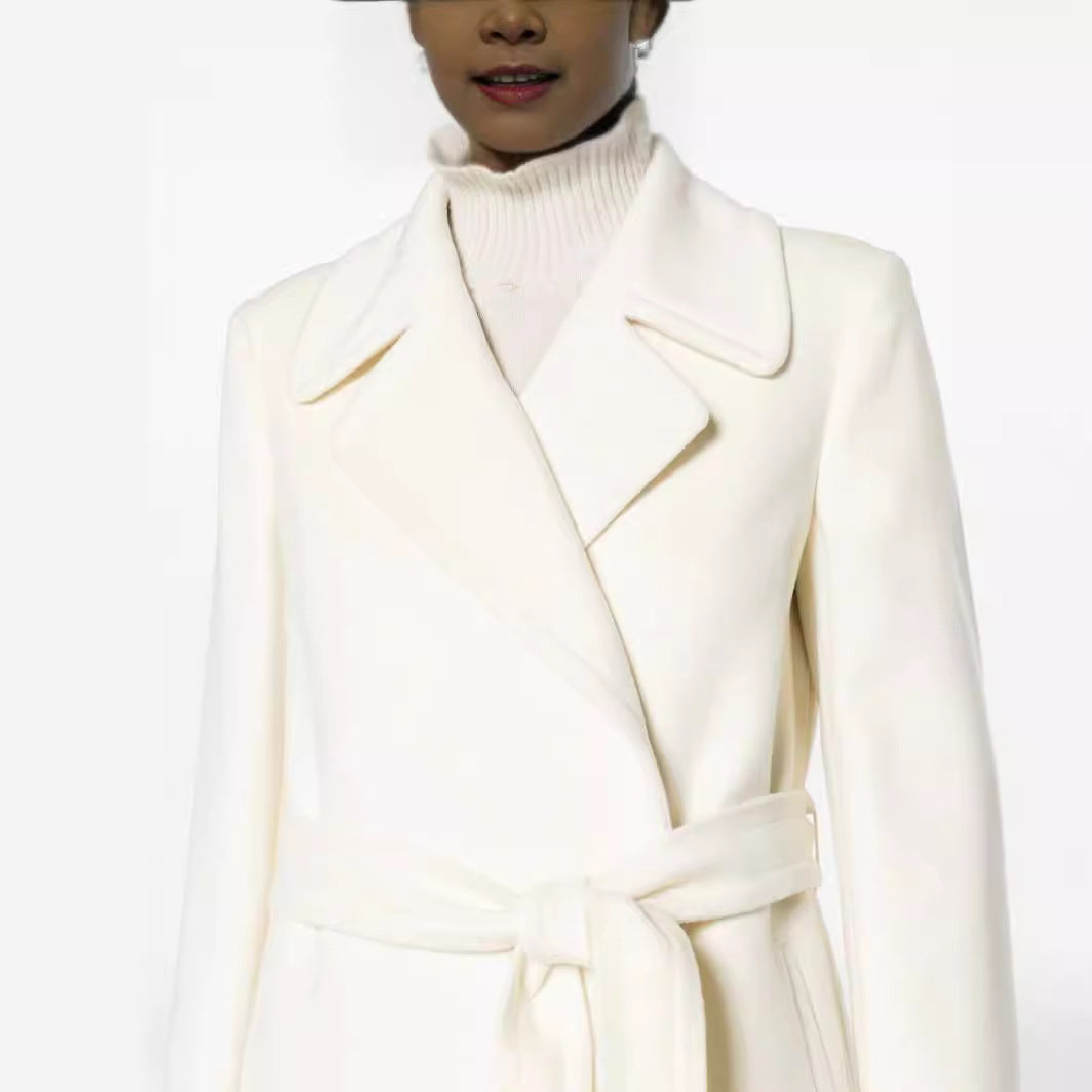 Women’s Maxi-length tailored wool blend coat with belt and wide lapels Chichicherry