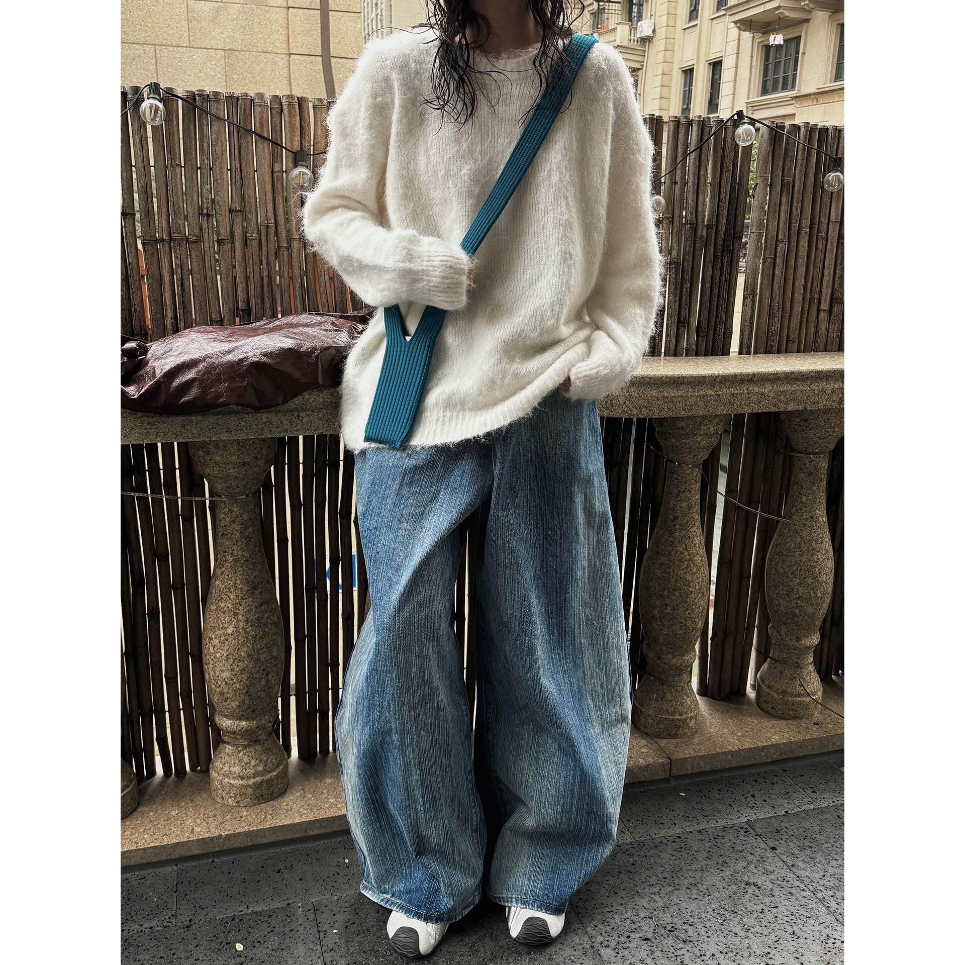 Women Soft Oversize Mohair-Optic Sweater with Ribbed Hem and Round Neckline Chichicherry