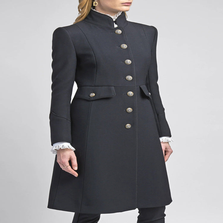 Women's Tailored Coat in Uniform Tailoring with Stand-Up Collar, Decorative Button Placket and Patch Pockets Chichicherry