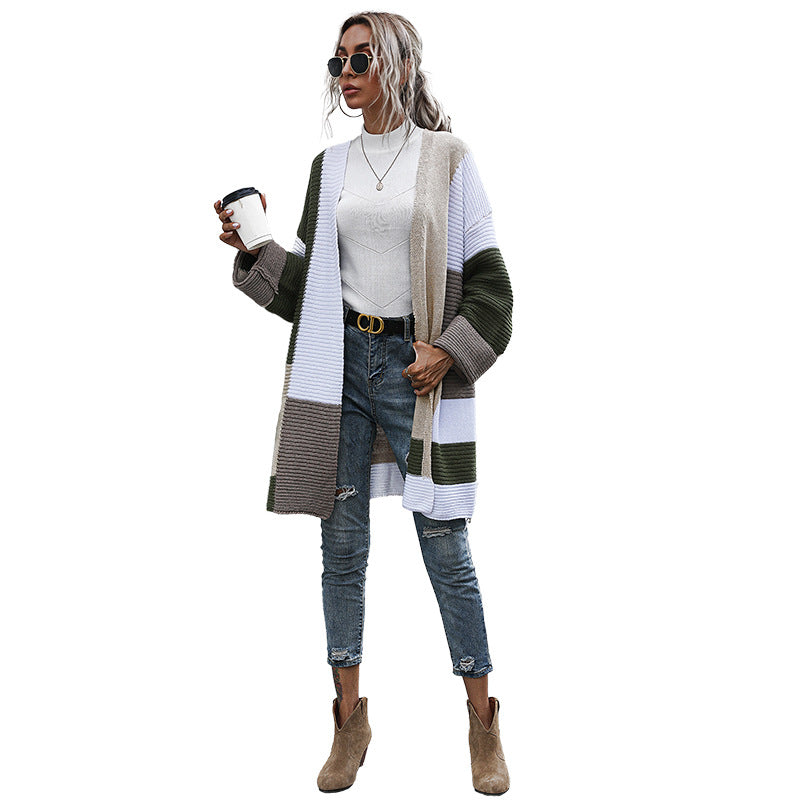 Women's Oversized Knit Cardigan with Colorblock Patchwork and Open Front Chichicherry