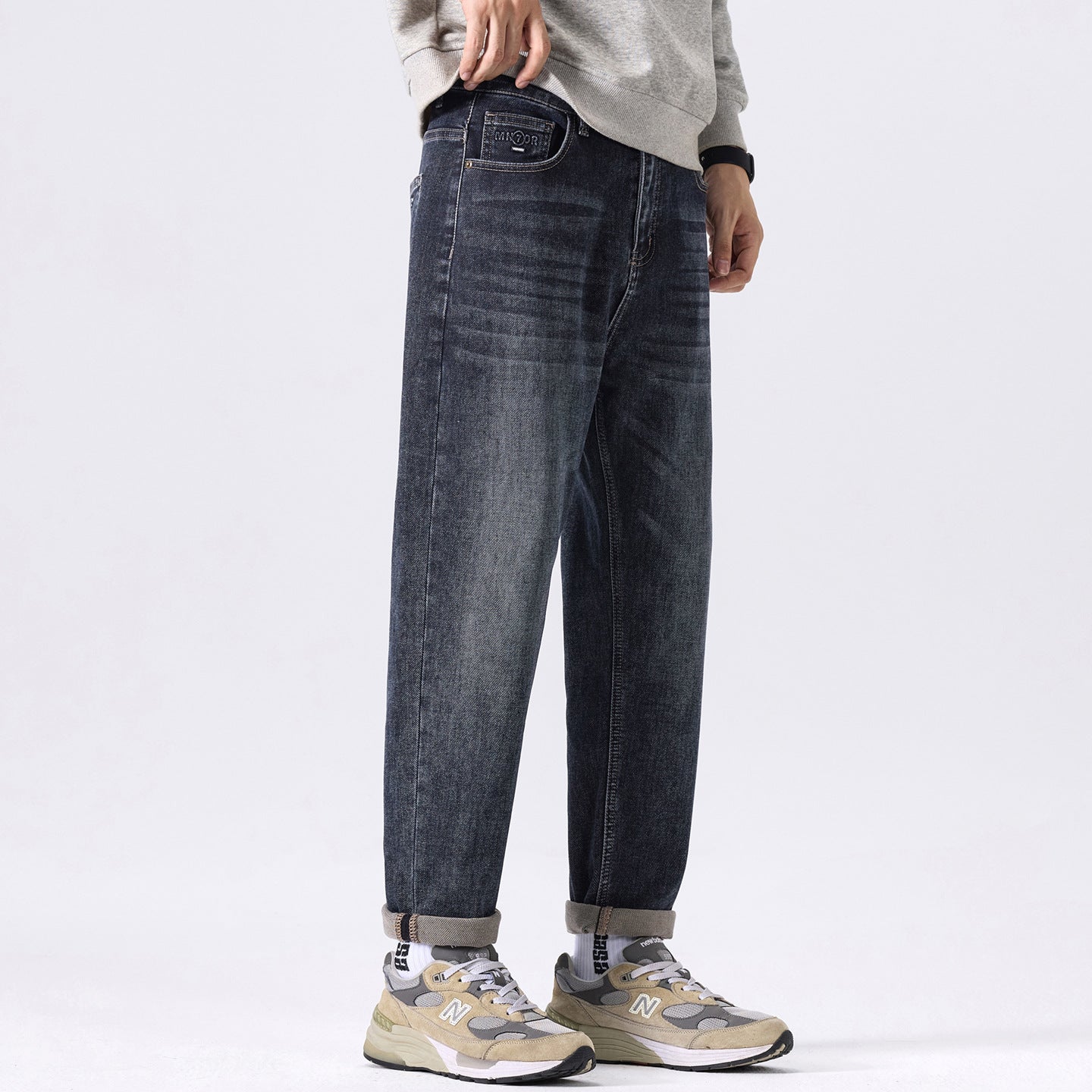 Men's tapered cut denim pants with mid-rise, relaxed fit, and subtle used look Chichicherry
