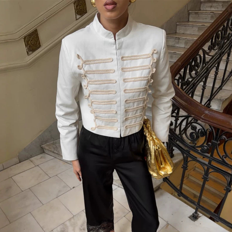 Women Cropped Military Blazer with Stand Collar and Decorative Cord Decoration Chichicherry