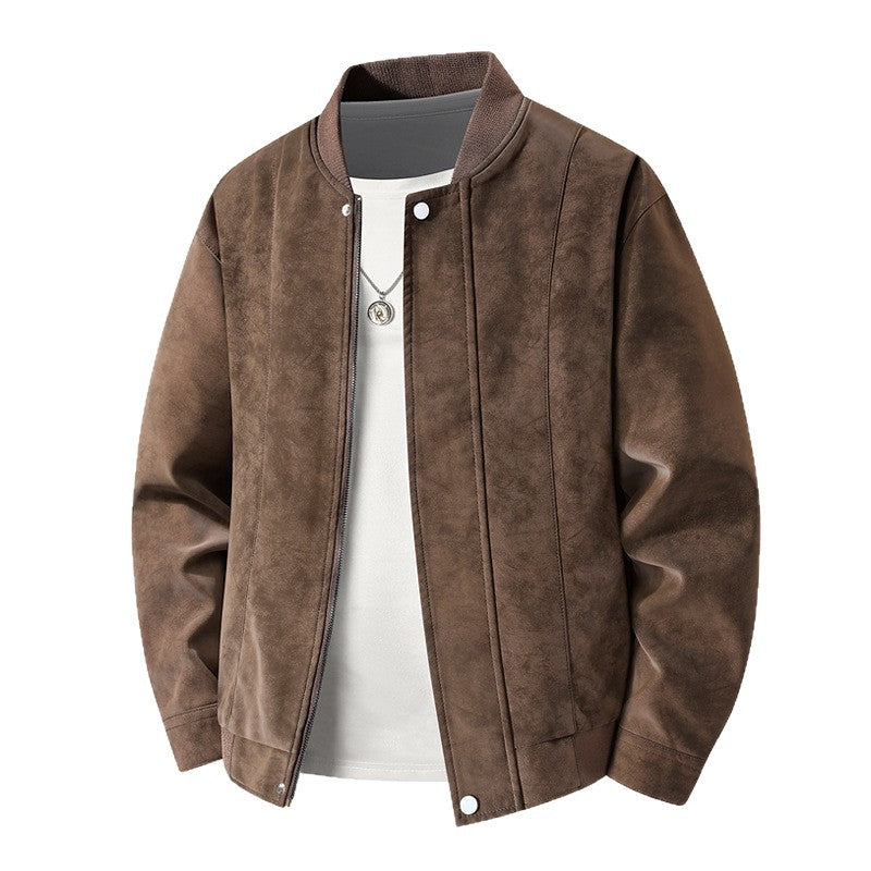 Men's Suede Optic Bomber Jacket with Vertical Quilt Seams and Ribbed Collar Chichicherry