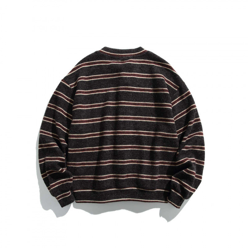 Unisex locker-cut striped cardigan with round neck and decorative button placket Chichicherry