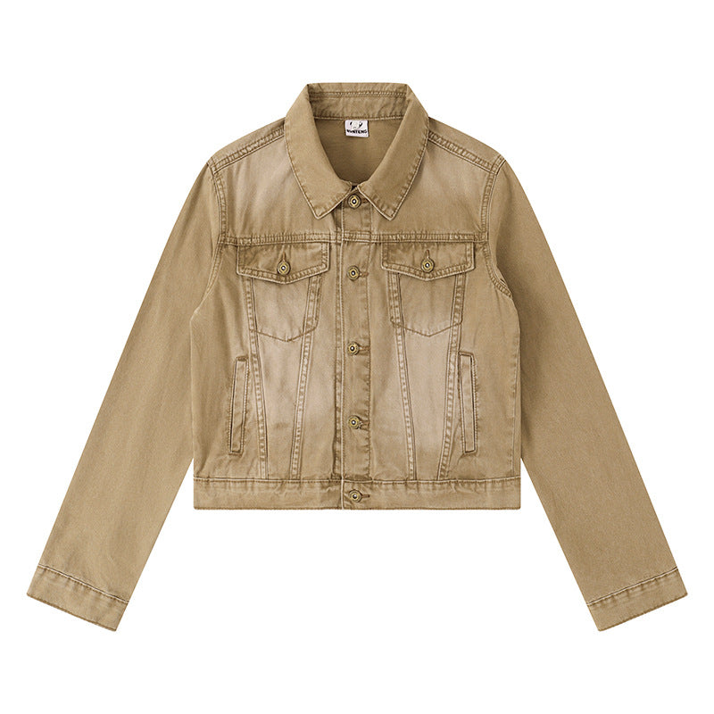 Women's Short Denim Jacket in Vintage Style with Button Placket, Chest Pockets and Fitted Cut Chichicherry