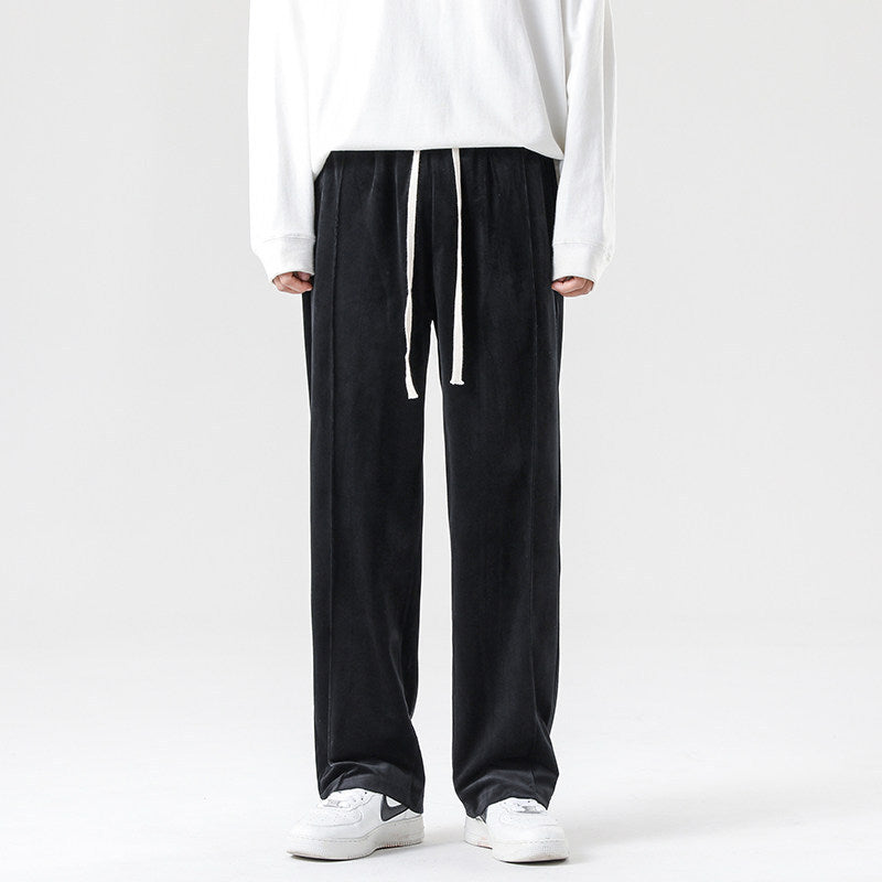 Men's Wide Velvet Jogging Pants with Elastic Waistband and Drawstring Chichicherry