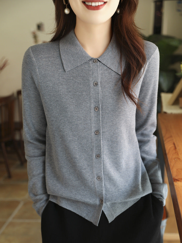 Women's Light Fine Knit Cardigan with Polo Collar and Full Button Placket Chichicherry