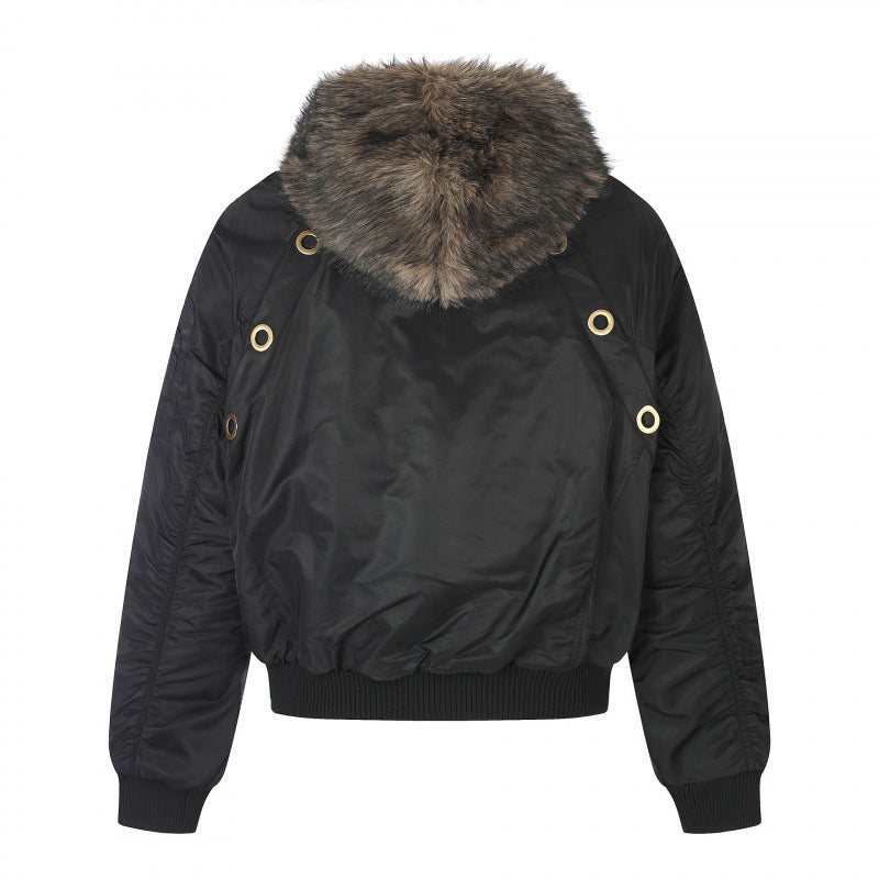 Women's short-cut bomber jacket with faux fur hood, metal eyelets and zipper Chichicherry