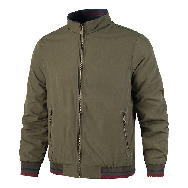 Men's Lightweight Bomber Jacket in Vintage Look with Stand Collar, Zipper Pockets and Striped Ribbed Cuffs Chichicherry