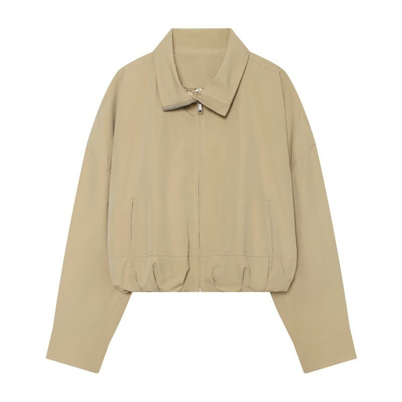 Women Cropped Boxy Jacket with Zipper, Stand-Up Collar and Elastic Hem Chichicherry