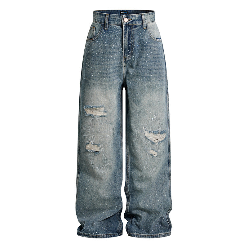 Ladies Wide High-Waist Denim Palazzo Jeans with Destroyed Details and Rhinestone Embellishment Chichicherry
