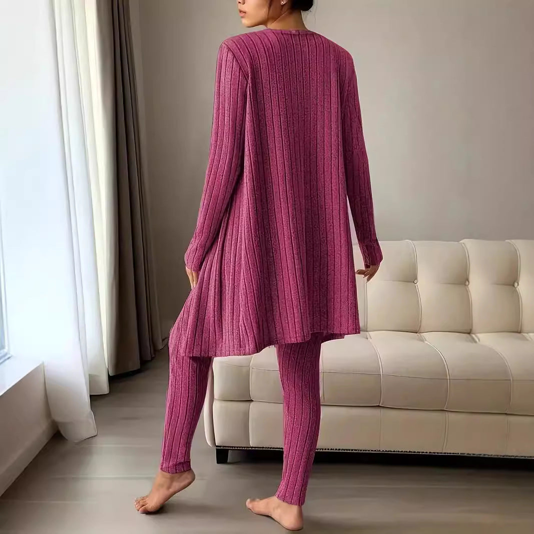 Women's Ribbed Lounge Set with Cropped Top, High-Waist Leggings and Long Cardigan Chichicherry