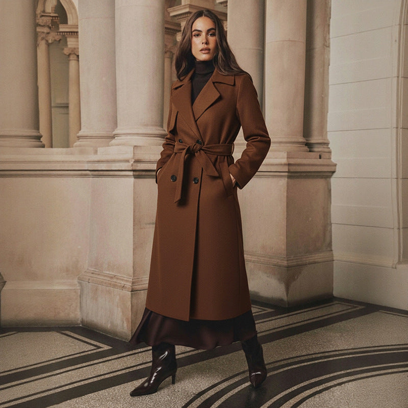 Women’s Long Tailored Wool Coat with Double-Breasted Button Placket and Tied Belt Chichicherry