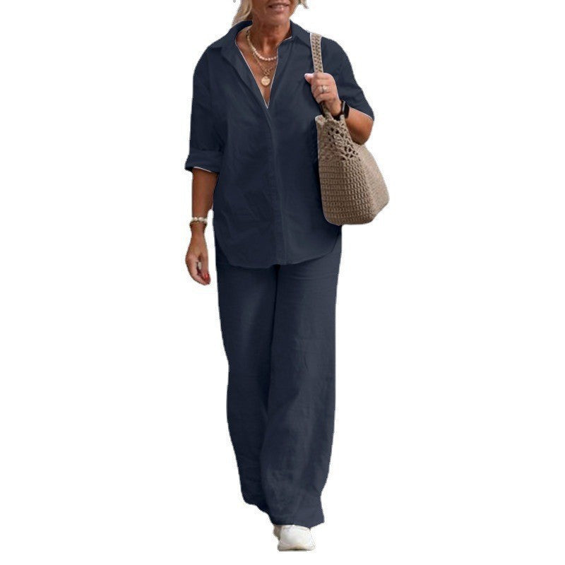 Damen Leichtes Leinen-Loungewear-Set mit offenem Hemdkragen und weiter Palazzohose Chichicherry