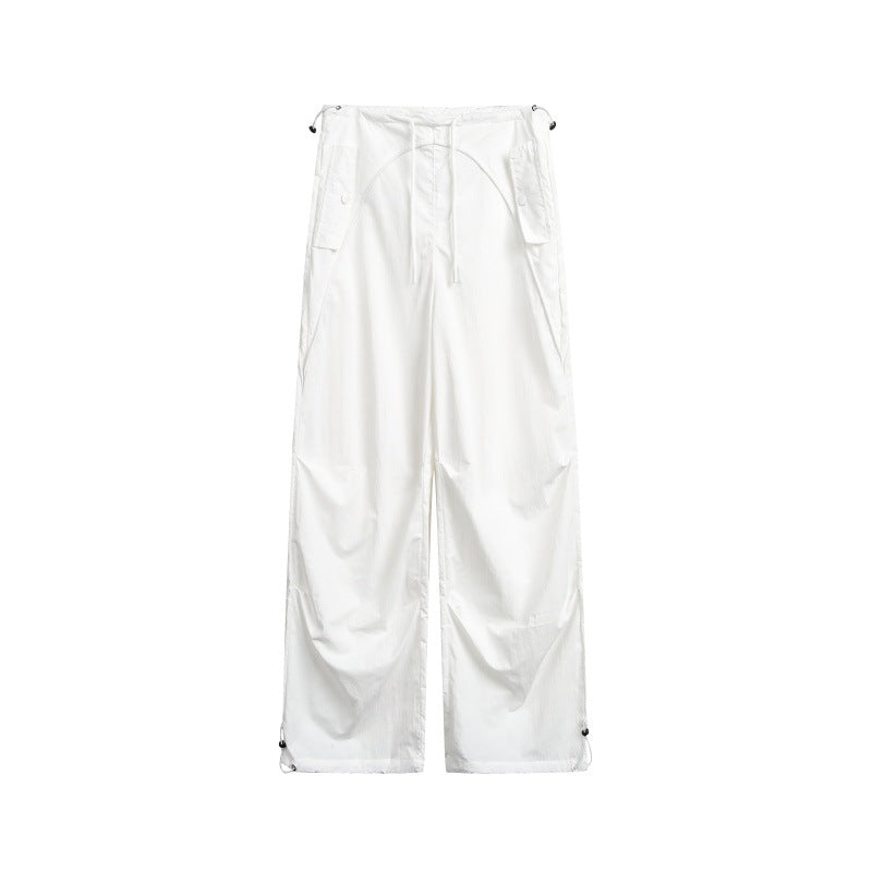 Women's wide cargo pants with drawstring waistband and adjustable hem