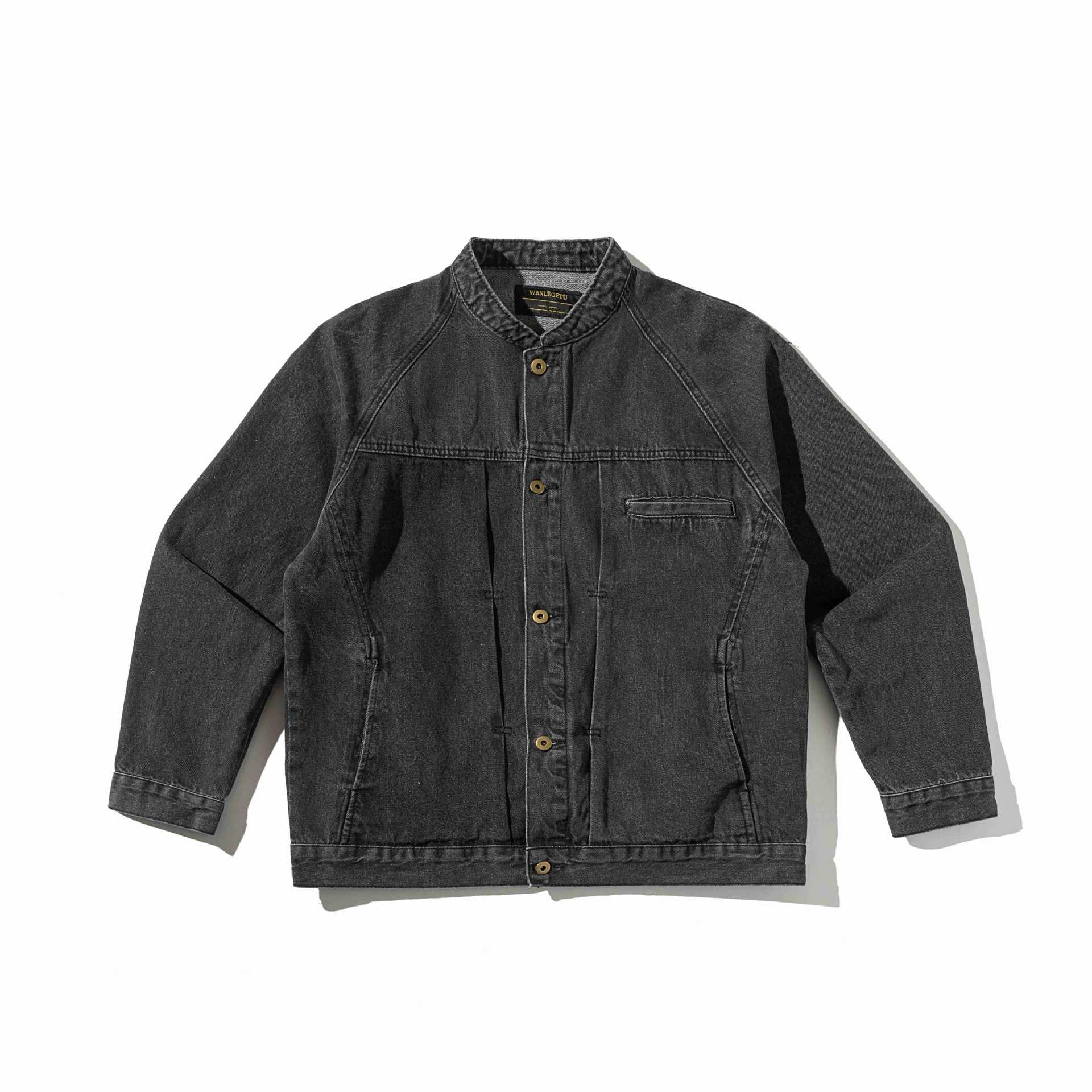 Unisex Boxy Denim Jacket with Stand-up Collar, distinctive seam piping and Button Placket Chichicherry