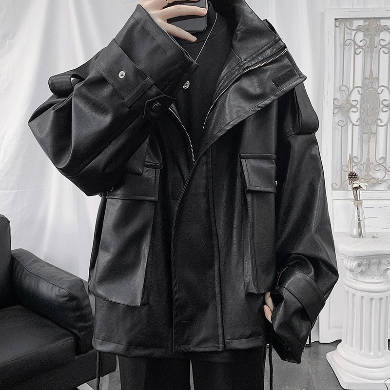 Herren Weitgeschnittene Kunstlederjacke mit Kapuze, Utility-Taschen und verstellbaren Manschetten Chichicherry