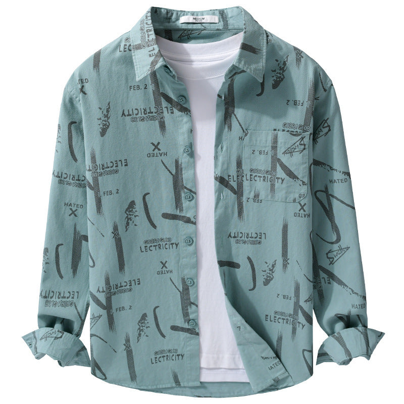 Men's Lightweight Cotton Crinkle Shirt in Relaxed Fit with Typo Allover Print and Applied Chest Pocket Chichicherry