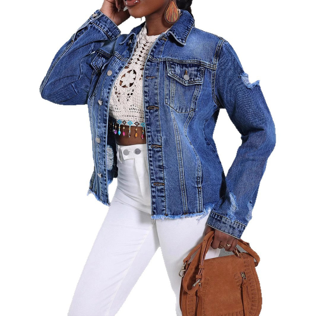 Women's Casual Denim Jacket with Distressed Details, Patch Chest Pockets and Frayed Hem Chichicherry