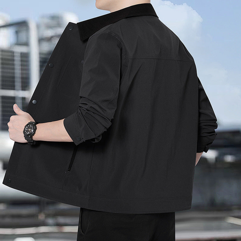Men's Lightweight Casual Jacket with Cord Collar, Press Stud Placket and Concealed Zipper Pockets Chichicherry