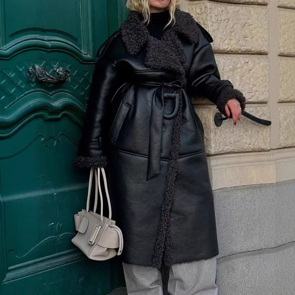Women's long faux leather coat with teddy lining and belted waist Chichicherry