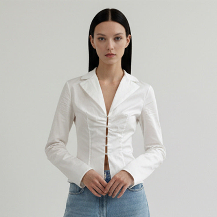 Women's Tailored Poplin Shirt Blouse with Corset Seams & Hook Front Chichicherry