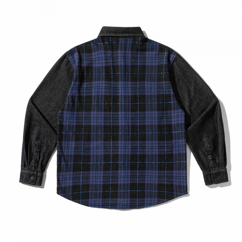 Unisex Boxy Check Mix Overshirt with Denim Sleeves and Chest Patches Chichicherry