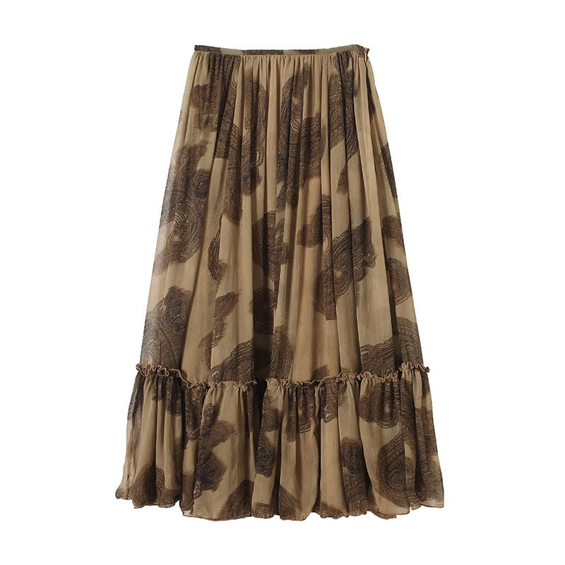 Women's maxi skirt made of chiffon with pleats, elastic waistband, and ruffled hem Chichicherry
