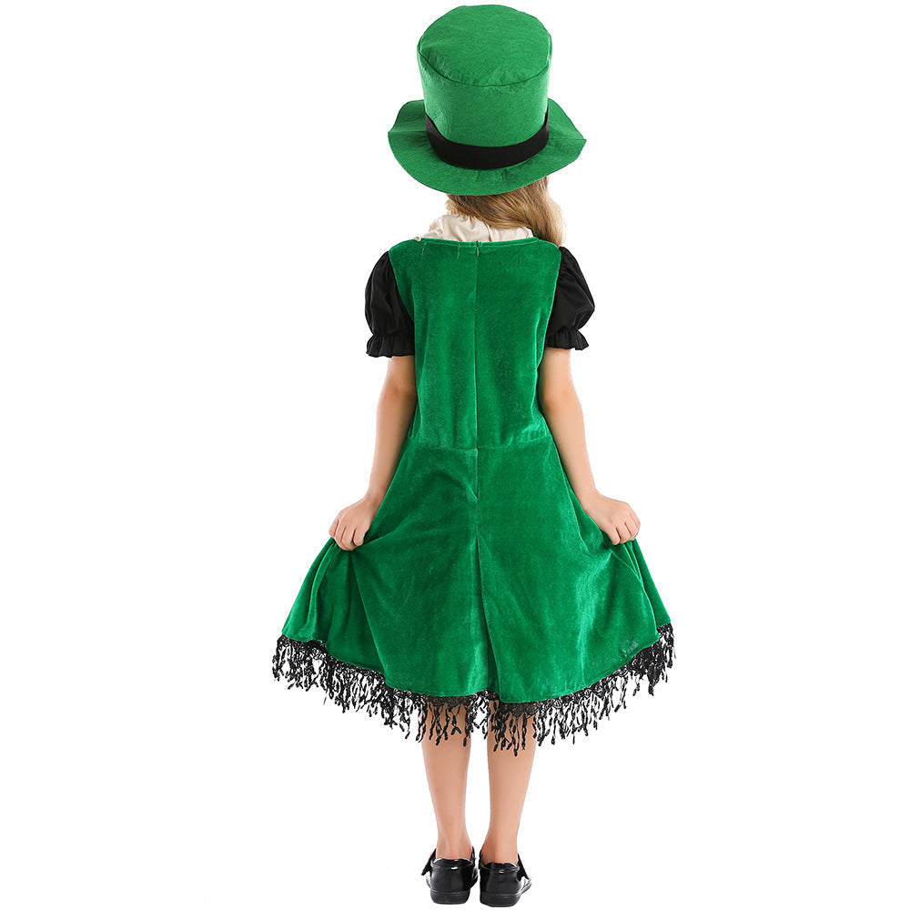 Girl Leprechaun Costume with Green Hat and Fringe Chichicherry
