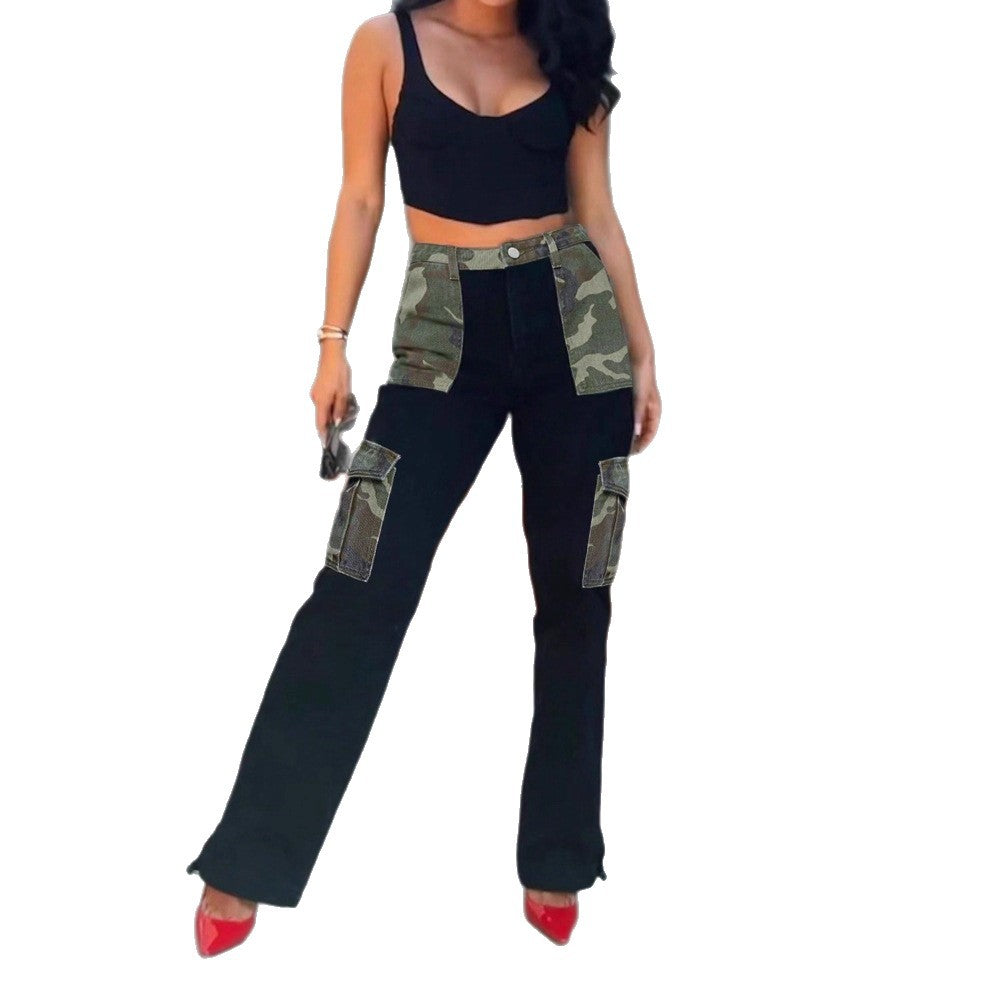 Ladies High-Waist Cargo Jeans with Camouflage Inserts and Wide Leg Chichicherry