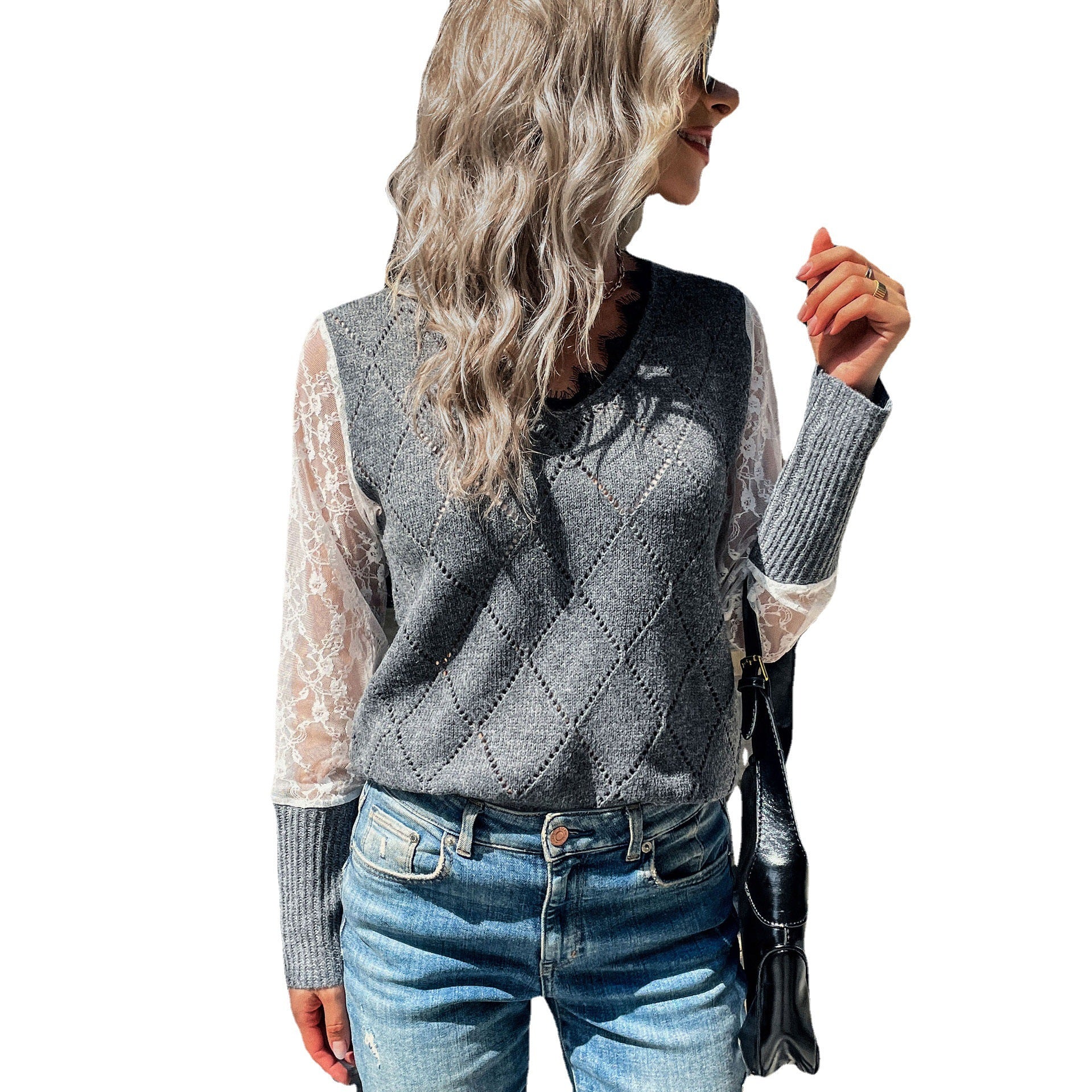 Women's Casual Fine Knit Sweater with Openwork Diamond Pattern, Transparent Lace Sleeves and Ribbed Cuffs Chichicherry