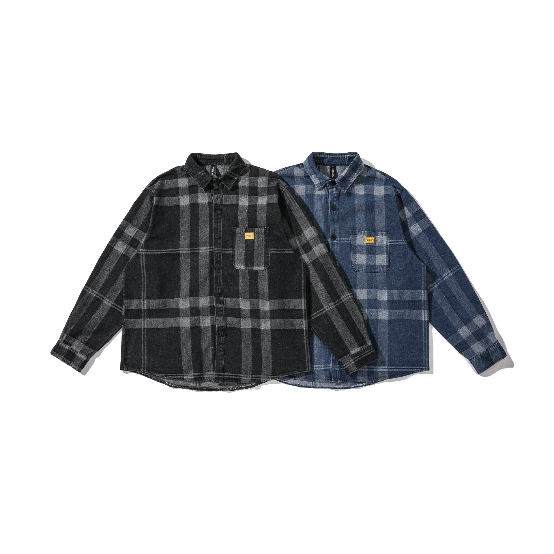 Men's Oversized Checkered Shirt Jacket in Worker Style with Rounded Hem and Chest Pocket Chichicherry
