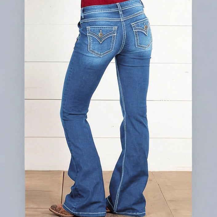 Women's High-Waist Denim Flare Jeans with Side Decorative Button Placket and Sculpting Fit Chichicherry