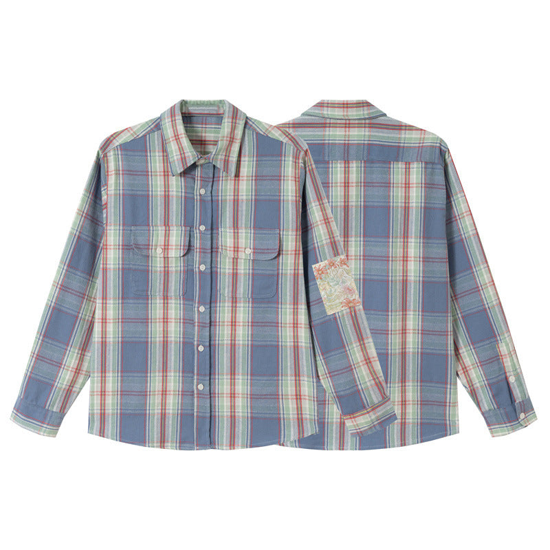 Unisex Oversized Shirt Jacket in Vintage Check with Flap Pockets and Sleeve Patch Chichicherry
