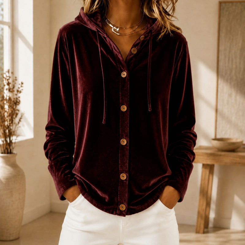 Women's Velvet Shirt Jacket with Hood and Button Placket Chichicherry