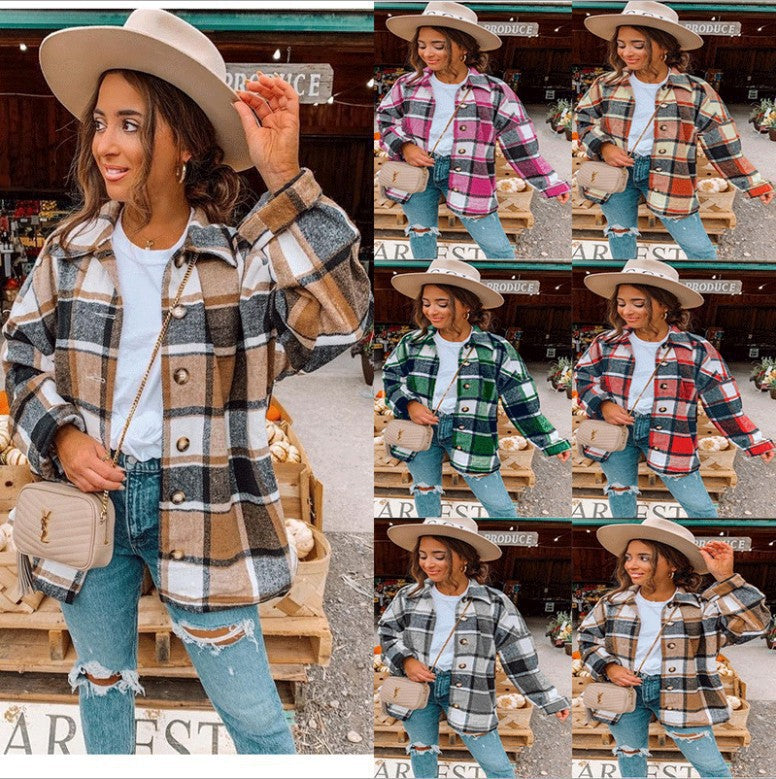 Damen Oversized Kariertes Flanell‑Shacket mit Brusttaschen und Holzknöpfen Chichicherry