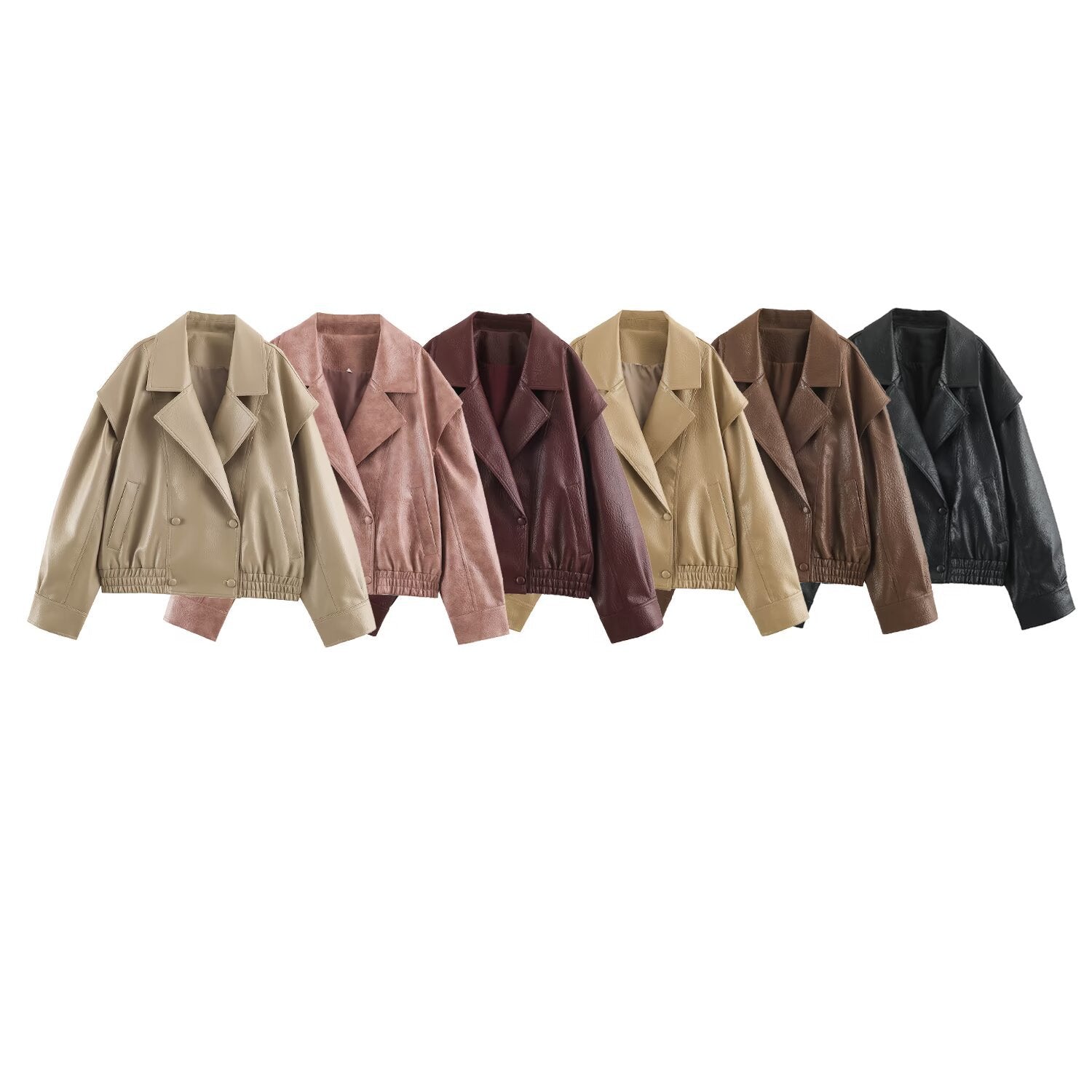Ladies Oversized Faux Leather Jacket with Double Breasted, Wide Lapels and Elastic Hem Chichicherry