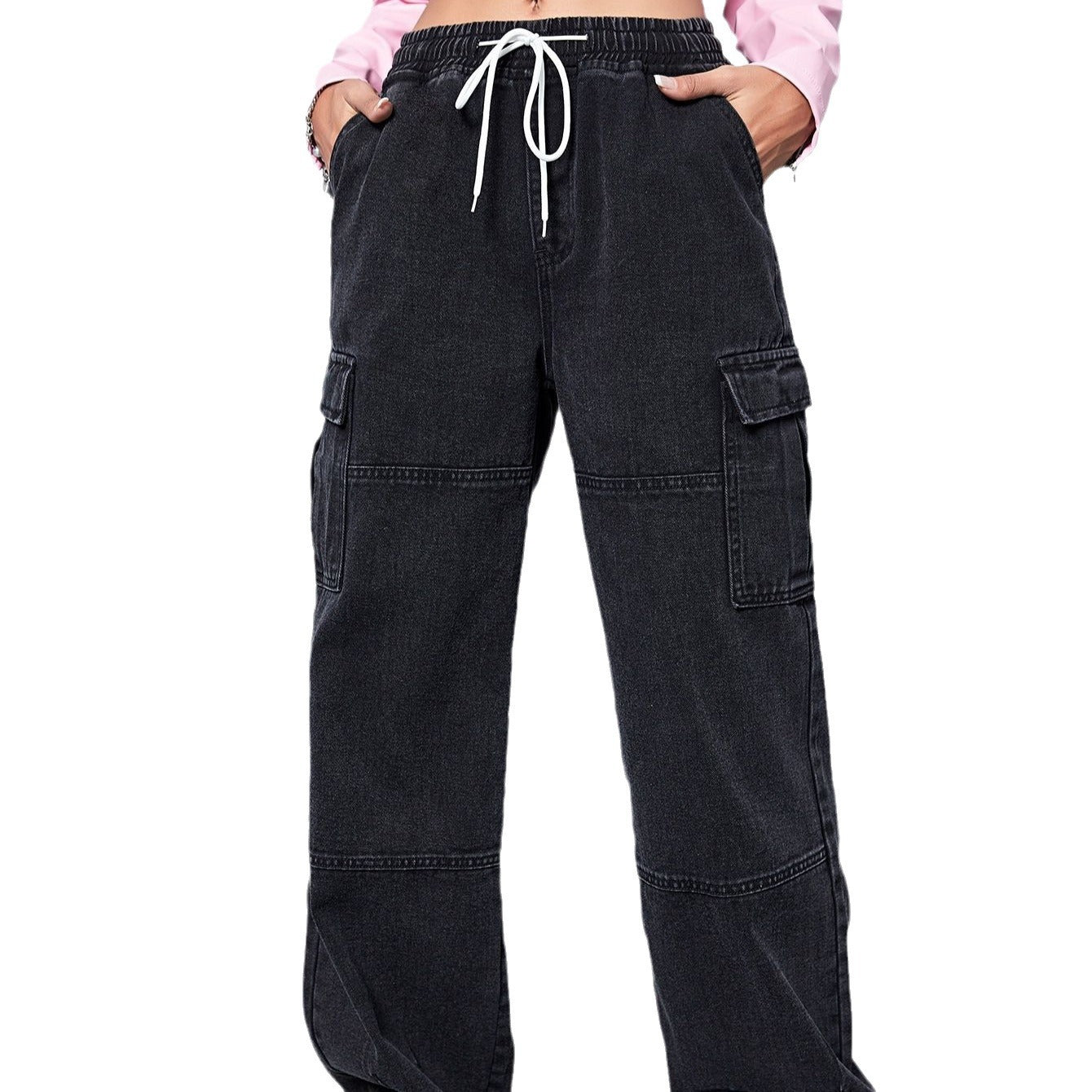 Women Wide Cargo Jeans with Elastic Waistband and Drawstring Chichicherry