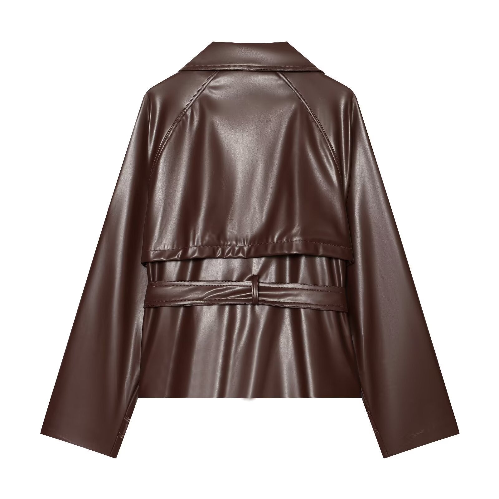 Women tailored faux leather jacket with stand-up collar, tie belt and double-breasted button placket Chichicherry