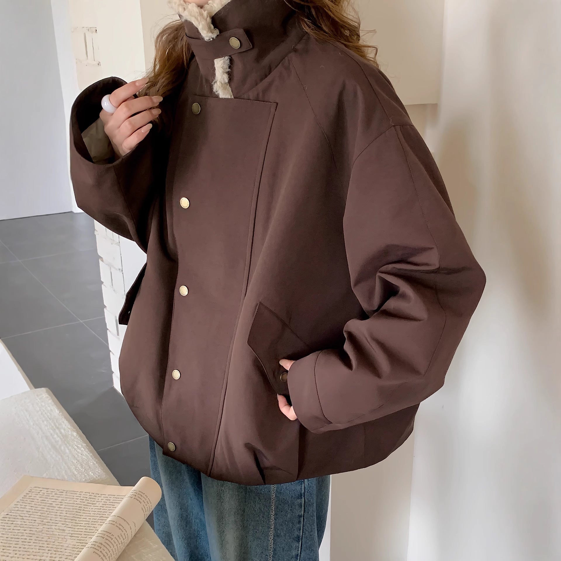 Women Oversize Utility Jacket with High Teddy Collar and Snap Button Placket Chichicherry
