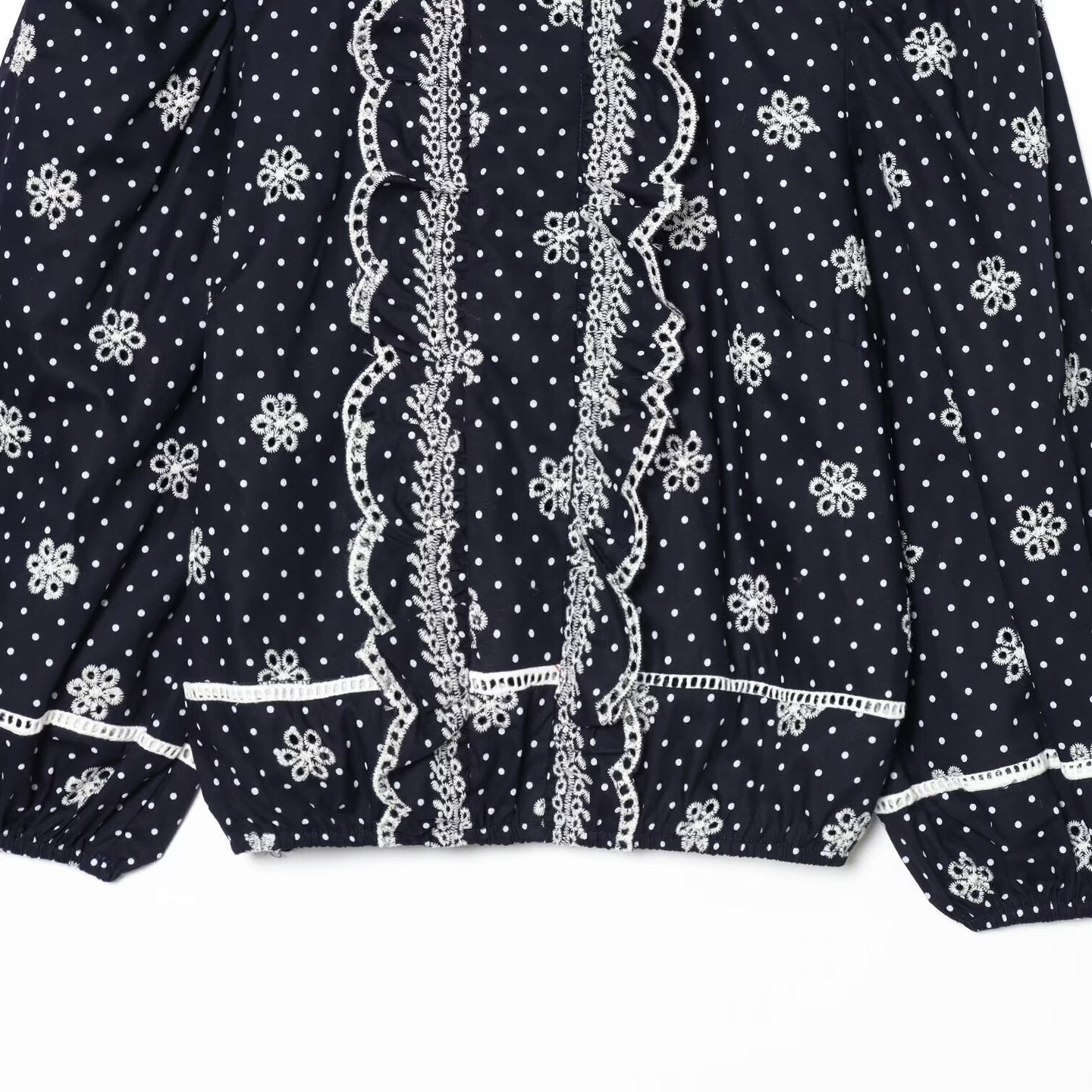 Women Embroidered Polka Dot Blouse with Ruffles and Balloon Sleeves Chichicherry
