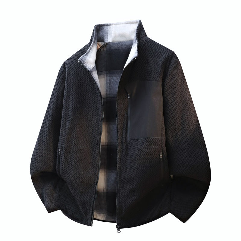 Men's structure fleece jacket with stand-up collar, contrast chest pocket and two-way zipper Chichicherry